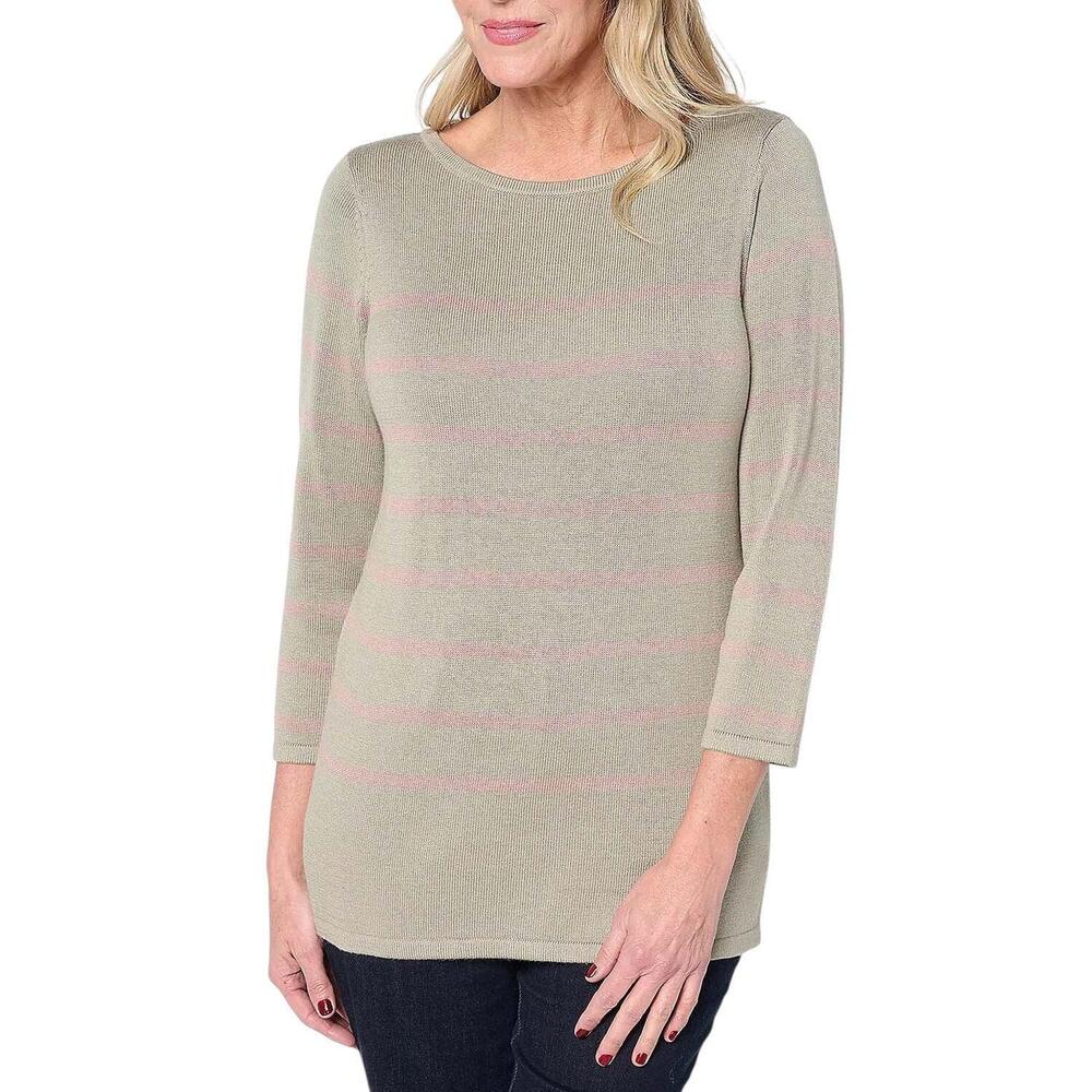 Martha Stewart Women's Striped 3/4 Sleeve Sweater Seagrass - Regular